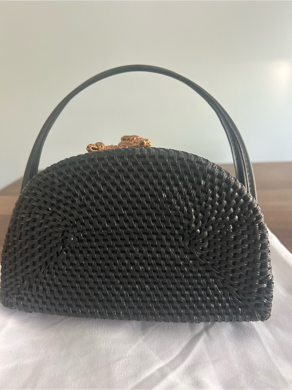 Anthropologie Black Woven Top-Handle Clutch with Gold Clasp